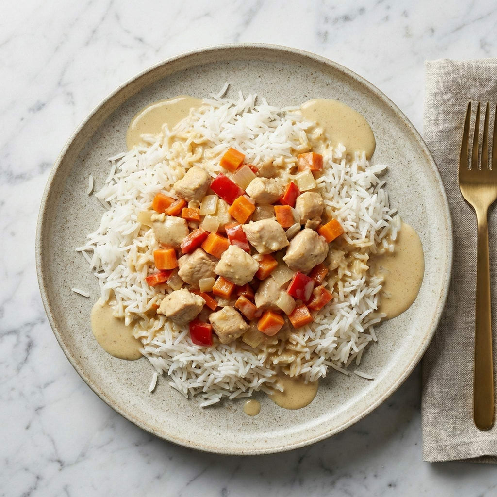 Assiette de poulet au curry et lait de coco onctueux servi avec riz basmati. Plat cuisiné mijoté, garanti sans les 14 allergènes majeurs, prêt à déguster.