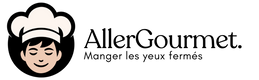 Logo de la marque Allergourmet avec sur la gauche la tête d'un chef cuisinier qui a les yeux fermés et à droite le texte "AllerGourmet. Mangez les yeux fermés" écrit en noir