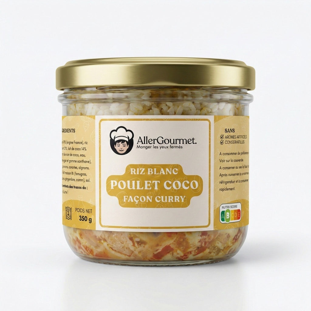 Bocal en verre AllerGourmet de Poulet Coco façon Curry. Repas stérilisé longue conservation, sans conservateurs et garanti sans les 14 allergènes majeurs.