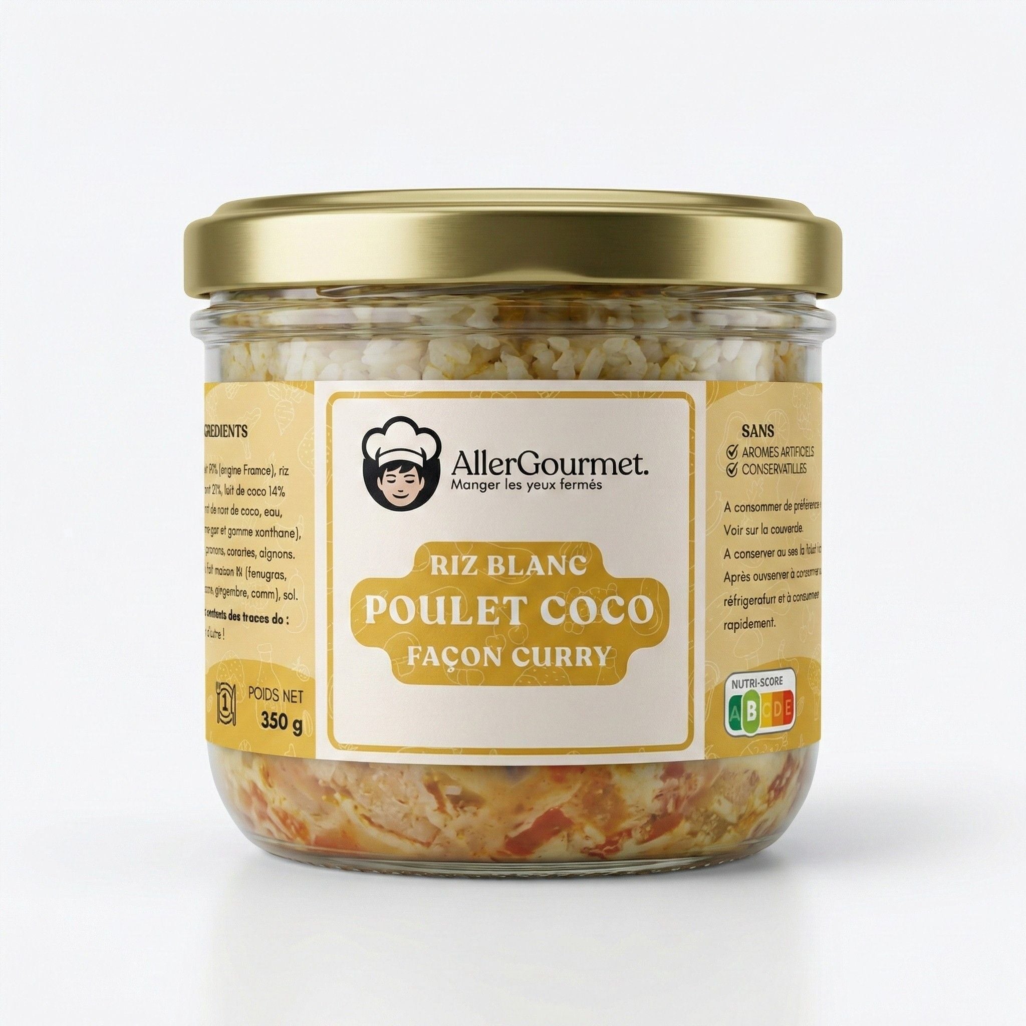 Bocal en verre AllerGourmet de Poulet Coco façon Curry. Repas stérilisé longue conservation, sans conservateurs et garanti sans les 14 allergènes majeurs.