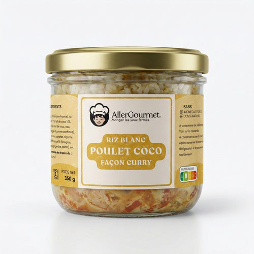 Bocal en verre AllerGourmet de Poulet Coco façon Curry. Repas stérilisé longue conservation, sans conservateurs et garanti sans les 14 allergènes majeurs.